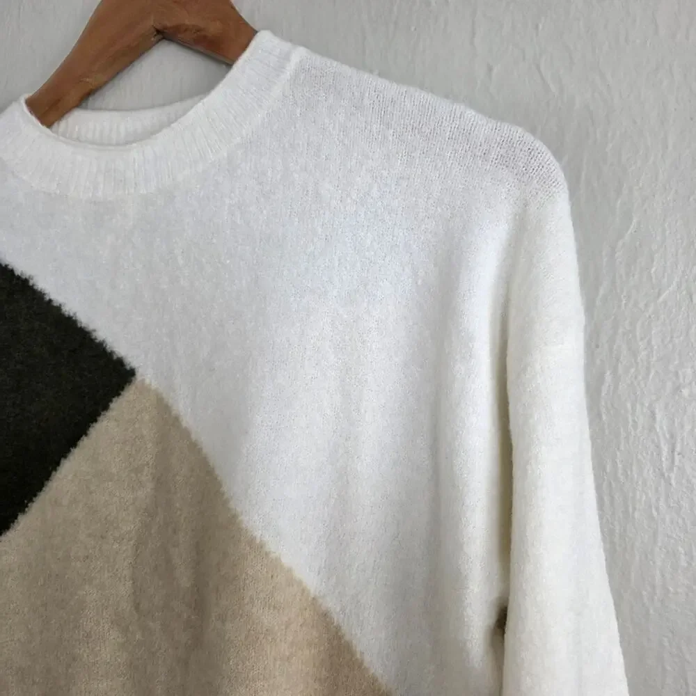 J. Crew Colorblock Mockneck Sweater Merino Wool Blend Green Cream White NWT XS